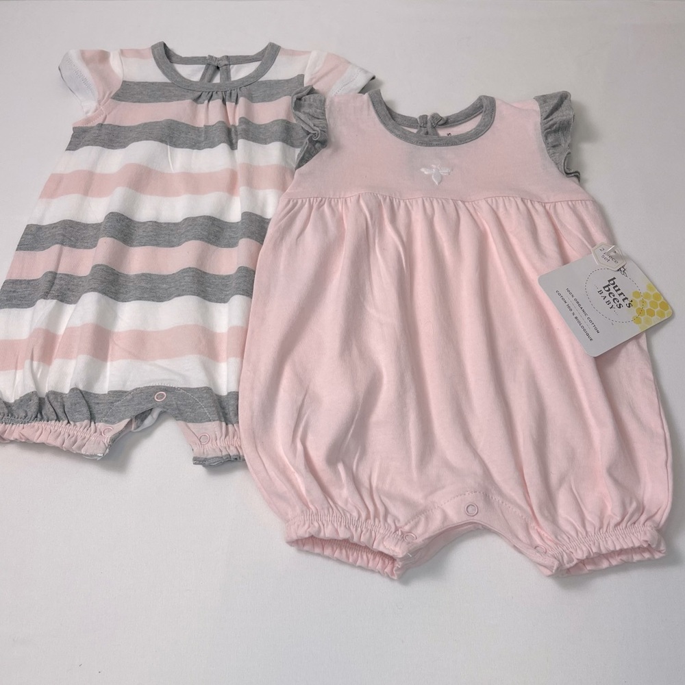 Newborn Burt's Bees Baby Rompers 2 piece set Pink Gray White- NEW